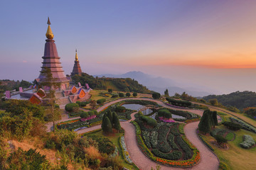 beautiful sunset landscape at two pagoda, doi inthanon national park, chiang mai, thailand.