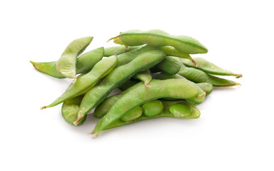 Wall Mural - Green soybeans isolated on white background.