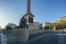 London / UK - 17 November 2017: Editorial Nelson's Column And Lion Statue At Trafalgar Square For Tourist Attraction