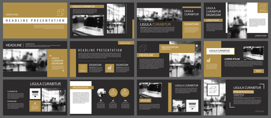 Black gold presentation templates and infographics elements background. Use for business annual report, flyer, corporate marketing, leaflet, advertising, brochure, modern style.