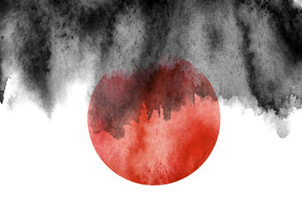 Sticker - Watercolor black background,red blot, blob, splash of black  paint on white background. Abstract background, poster. Signal danger, prick, goal.
