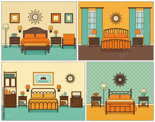 Bedroom Interior Hotel Room With Bed Vector Linear