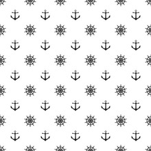 Seamless Pattern With Icons Of Steering Wheel And Anchor On A White Background