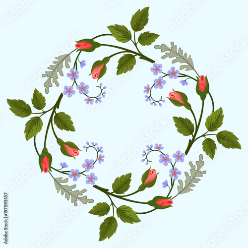 Beautiful wreath rosebuds and forget me not flower, leaf vector design