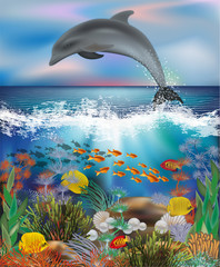 Tropical underwater background with Dolphin and pearls , vector illustration