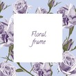 Greeting card with violet roses, watercolor style, can be used as invitation card for wedding, birthday and other holiday and summer and spring background. Light blue backdrop. 