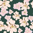 Seamless floral pattern. Flowers of lilies and tender spring flowers on a dark green background. Watercolor style. Botanical illustration.