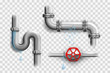 Various broken metal pipes and leaking pipeline elements isolated on a transparency grid a realistic vector illustrations set