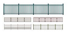 Painted Metal Fences Isolated On White, Vector Set Of Various Simple Modular Horizontally Seamless Fencing Elements, A Flat Art Illustration