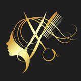 Fototapeta  - Girl and hairdressing scissors gold color