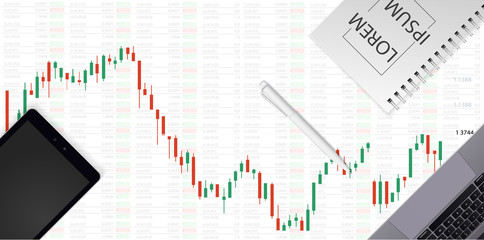 Leinwandbilder - Stock market chart. Business graph on technology background. Forex trading business concept. The chart of the stock market against the background of the laptop, the tablet, a notebook and the handle.