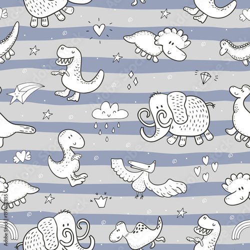 Stoffe zum Nähen Niedliche Musterdesign mit lustige Dinosaurier. Vektor-Illustration.