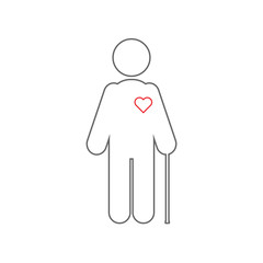 Poster - Old man silhouette with walking stick and red heart on his body. International Day of Older Persons concept. Vector icon.