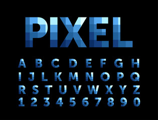 pixel alphabet, bright font from squares for text, letters