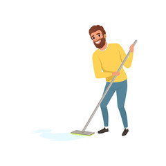 Sticker - Smiling man cleaning floor with mop. Cartoon character of house husband. Young bearded guy doing housework. Male in sweater and jeans. Flat vector design