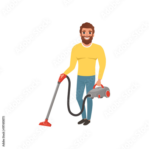 smiling man with vacuum cleaner A cartoon man is using a vacuum cleaner