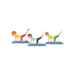 Wall Mural - Three women doing leg swings workout. Cartoon people in sportswear. Young girls in gym. Visiting fitness center. Active lifestyle. Flat vector design