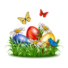 Easter Background With Eggs In Grass
