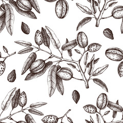 Vector Almond background. Hand drawn  nut tree sketch. Botanical seamless pattern. Vintage tonic plant drawing.