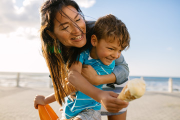 Mother and son enjoying vacation