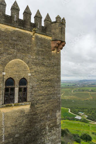 Foto castillo de piedra medieval con torres sobre colina verde con arboles