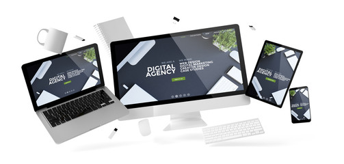 Wall Mural - office stuff and devices floating with digital agency