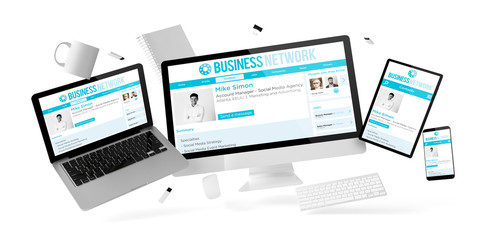 Wall Mural - office stuff and devices floating with business network