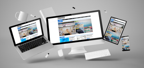 Wall Mural - office stuff and devices floating with trends magazine