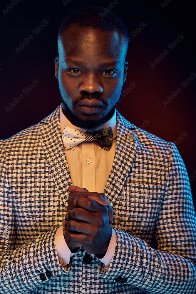 Photo Art Print Neon Portrait Of Handsome Black Man In White