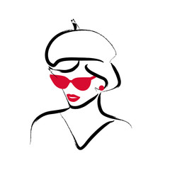Wall Mural - vector artistic hand drawn stylish young lady portrait isolated on white background. fashion girl mo