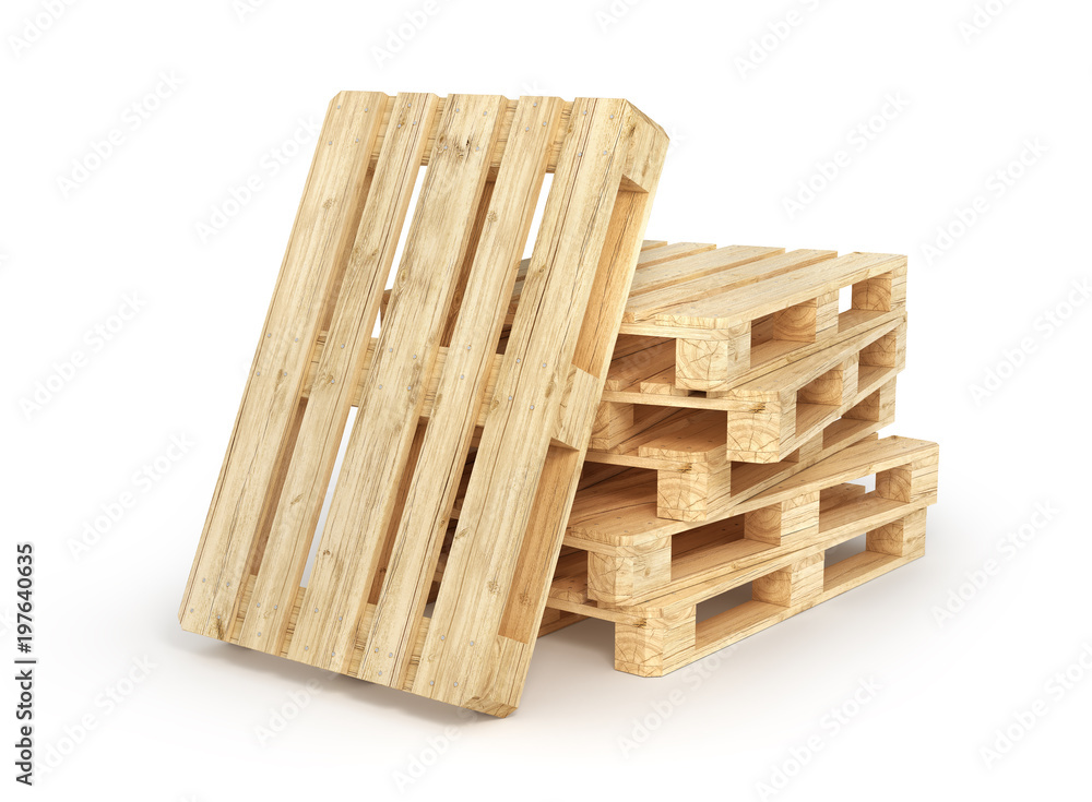 Stack of wood pallets isolated on a white. 3d illustration - obrazy, fototapety, plakaty 