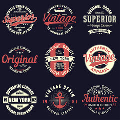 Wall Mural - Vintage original typography set. Retro print for t-shirt design. Graphics for authentic apparel. Collection of tee shirt badge. Vector illustration.