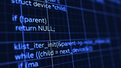 Computer Code Running on the Data Screen with DOF Blur. Blue Color Software Programming Animation Design. Technology Concept. 4k UHD 3840x2160.