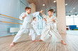 © satyrenko - young, beautiful, successful multi ethical kids in karate position