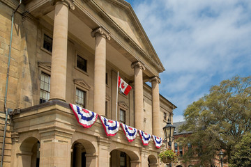 Province House in downtown Charlottetown, Prince Edward Island. It is the birthplace of Confederation and the seat of Prince Edward Island's provincial legislature since 1847.