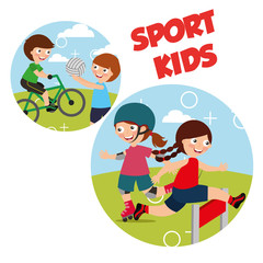 Canvas Print - sport kids activity bycicle roller skate race volleyball vector illustration