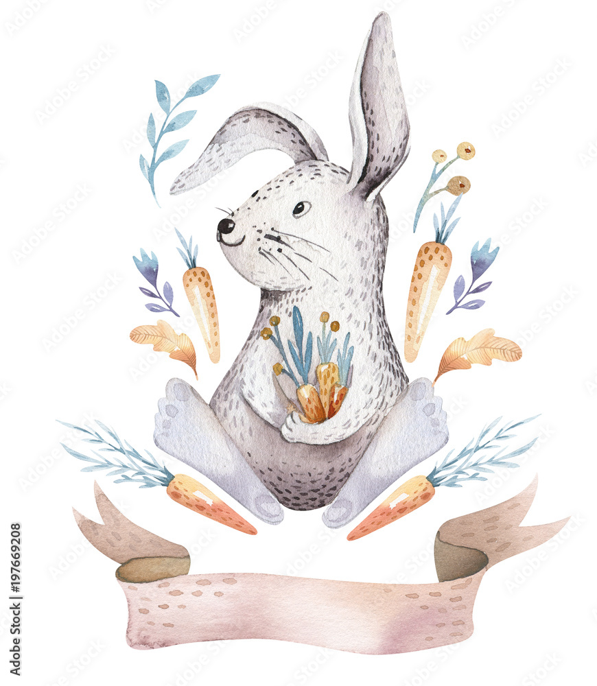 Cute bohemian baby cartoon rabbit animal for kindergarten, woodland ...