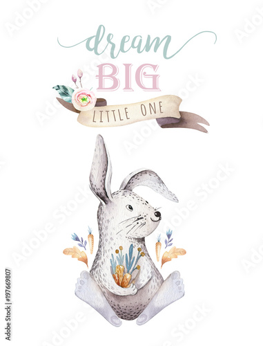 Cute Bohemian Baby Cartoon Rabbit Animal For Kindergarten Woodland Nursery Isolated Bunny Forest Illustration
