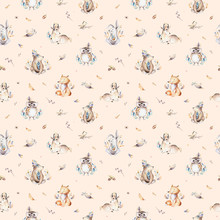 Baby Animals Nursery Isolated Seamless Pattern With Bannies. Watercolor Boho Cute Baby Fox, Deer Animal Woodland Rabbit And Bear Isolated Illustration For Children. Bunny Forest Image
