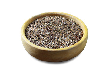 Wall Mural - Flax seeds in wooden bowl isolated on white