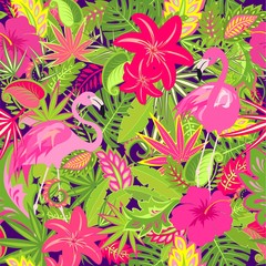 Colorful summery wallpaper with exotic flowers, tropical leaves and pink flamingo for fabric, textile, wrapping paper, greeting card, invitation, party design