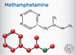 Methamphetamine (crystal meth, C10H15N) molecule. Structural chemical formula and molecule model. Sheet of paper in a cage