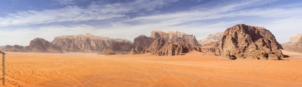 panoramic view to red sand desert with mountains rocks in Jordan - obrazy, fototapety, plakaty 
