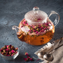 Teapot With Detox Drink From Flower Buds Dry Red Pink Rose Tea W