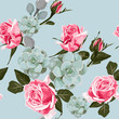 Watercolor succulents and roses seamless pattern. Vintage wallpaper with pink rose hip and succulents on blue background. Floral texture for design, textile and background.