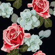 Watercolor succulents and red roses seamless pattern. Vintage wallpaper with rose hip and succulents on black background. Floral texture for design, textile and background.