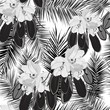 Monochrome Aloha Hawaiian Seamless Background Pattern. Tropical flowers and leaf, Palm and exotic flowers. Black and white.