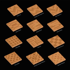 Poster - Parquetry sample set of wooden floor plates. Most popular wood flooring parquets with names - isolated 3D vector illustration on black background.