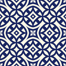 Seamless Pattern With Symmetric Geometric Ornament. Navy Color Abstract Background.