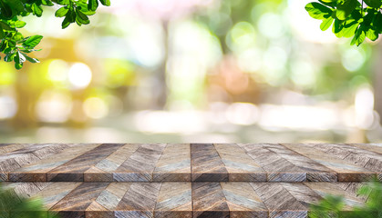 Aufkleber - Empty step plank wood table top with blur tree in park with bokeh light background and leaves foreground,Mock up template for display of your design,Banner for advertise of product,panorama view